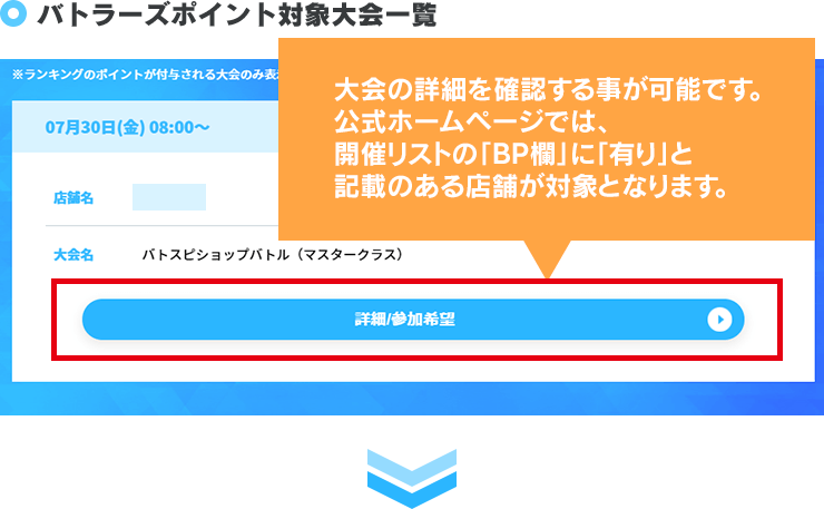 「詳細／参加希望」をクリックすると、大会の詳細を確認する事が可能です。