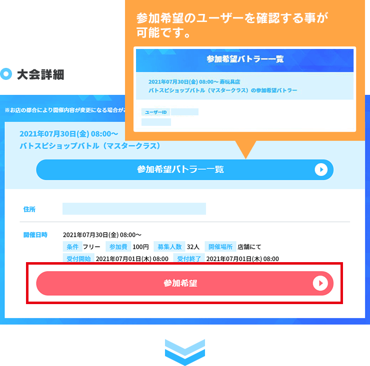 「参加希望バトラー一覧」から参加希望のユーザーを確認する事が可能です。