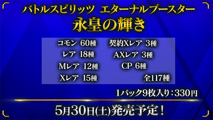 バトルスピリッツ エターナルブースター 永皇の輝き コモン60個、レア18個、Mレア12個、Xレア15個、契約Xレア3種、AXレア3種、CP6種 全117種 1パック9枚入り:330円 5月30日（土）発売予定！