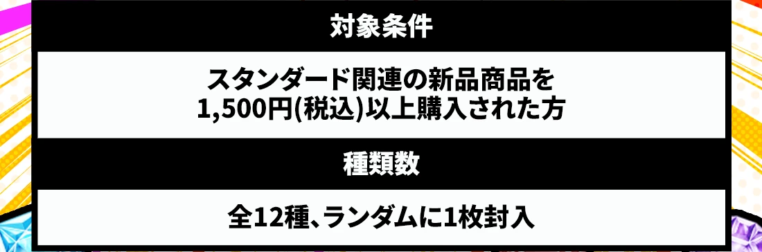対象条件：スタンダード関連の新品商品を1,500円(税込)以上購入された方　種類数：全12種、ランダムに1枚封入