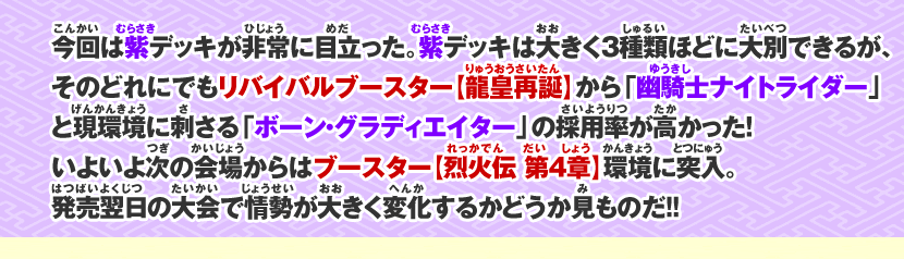 今回は紫デッキが非常に目立った。「幽騎士ナイトライダー」と現環境に刺さる「ボーン・グラディエイター」の採用率が高かった！